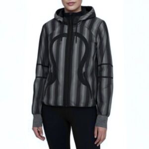 RARE LULULEMON Track and Field Jacket 8 Grey Black Striped Hooded Big Omega